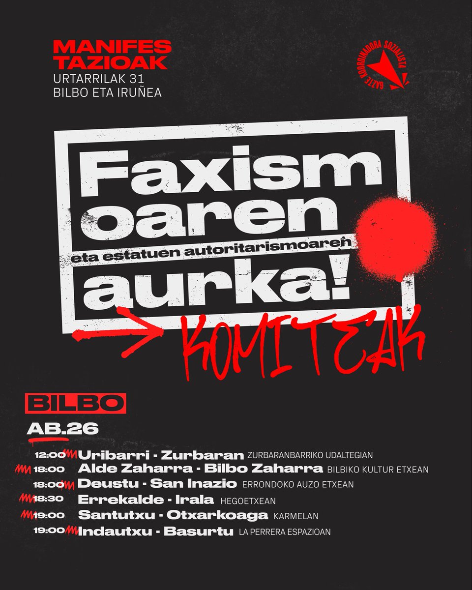 Datozen asteetan urtarrilaren 31ko mobilizazioaren prestaketan parte hartzeko komiteak jarriko ditugu martxan.

Lehentasunezkoa da ideia erreakzionarioei, estatuen erreforma autoritarioari eta hedatzen ari den faxismoari aurre egitea. 

Batu komiteetara! 

#U31Mobilizatu