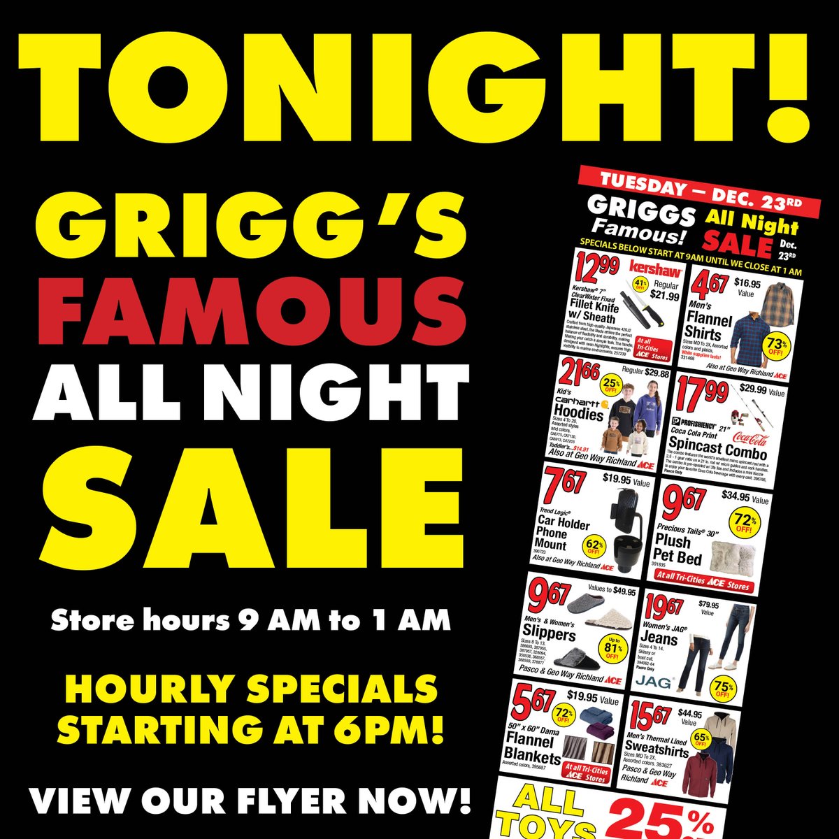 Grigg's Famous 63rd Annual All Night Sale is tonight with specials starting at 6pm! Don't miss out on this opportunity to snag last minute gifts at fantastic prices! VIEW THE FLYER NOW HERE!: bit.ly/49PIXJJ