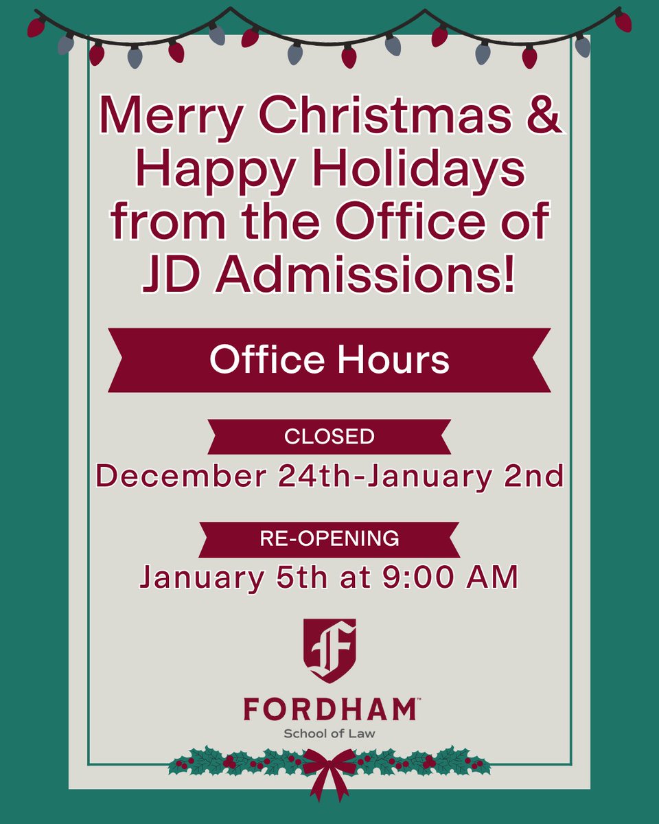 Merry Christmas and Happy Holidays from the Fordham Law Office of JD Admissions! Wishing everyone a relaxing, fun time with family and friends! #FordhamLaw #LawAdmissions #JDAdmissions #NYC #LawSchool