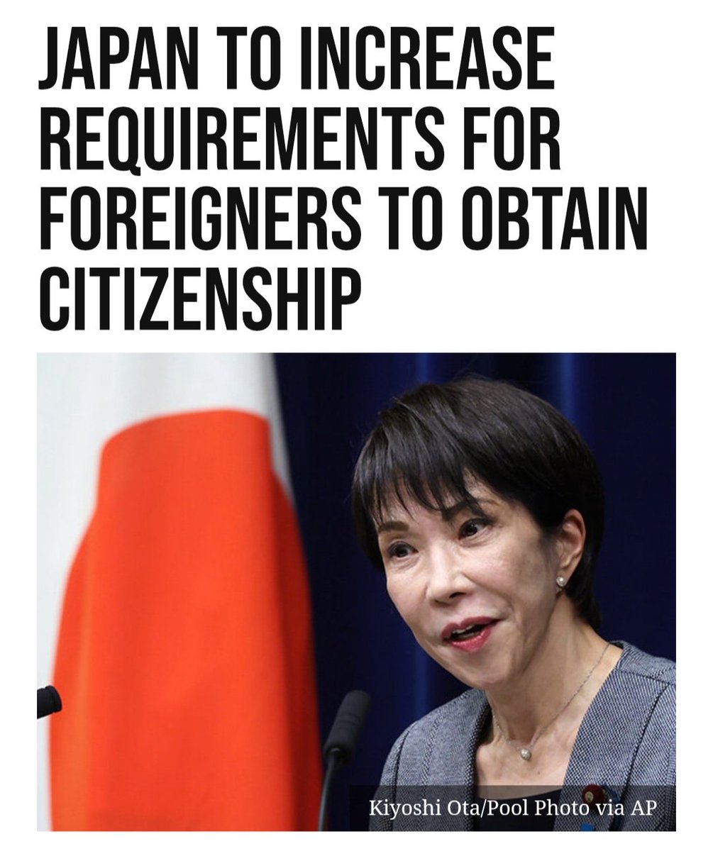 BreitbartNews's tweet image. Japan is moving to require 10 years of residency (up from 5) and proficiency in the Japanese language to become a citizen

Supremely based!