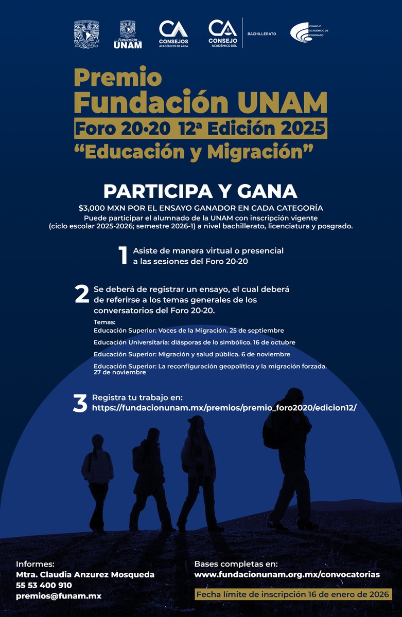 Fundacion_UNAM's tweet photo. 🙌 En el marco de nuestro #Foro2020, participa en el Premio Fundación UNAM Foro 20.20 12ª Edición 2025 "Educación y Migración". 🤓📚 Conoce la convocatoria aquí 👉 https://t.co/0oyLFS9ZAR https://t.co/ajVtZ9uzHq