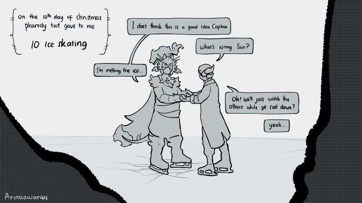 arinaawar44's tweet image. ❄️⛸️ On the tenth day of Christmas Pharodytwt gave to me, Ten ice skating

[The air is becoming colder as Christmas is nearing its peak, the frozen sea around Crossroads has become the perfect location for ice skating!]

(1/2)