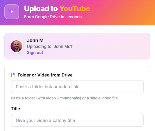 Today's little update:

instead of pasting in a video file link + uploading thumbnails, I can now paste a Google Drive folder with 1 vid file and 1-3 thumbnails. 

the extension will parse the folder and upload accordingly. neat.