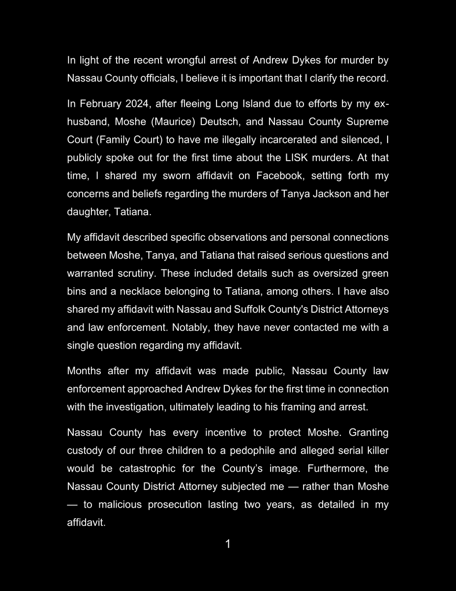 MurderNumber144's tweet photo. In light of the recent wrongful arrest of Andrew Dykes for murder by Nassau County officials, I believe it is important that I clarify the record. (1/2) https://t.co/TNipUs8KR7