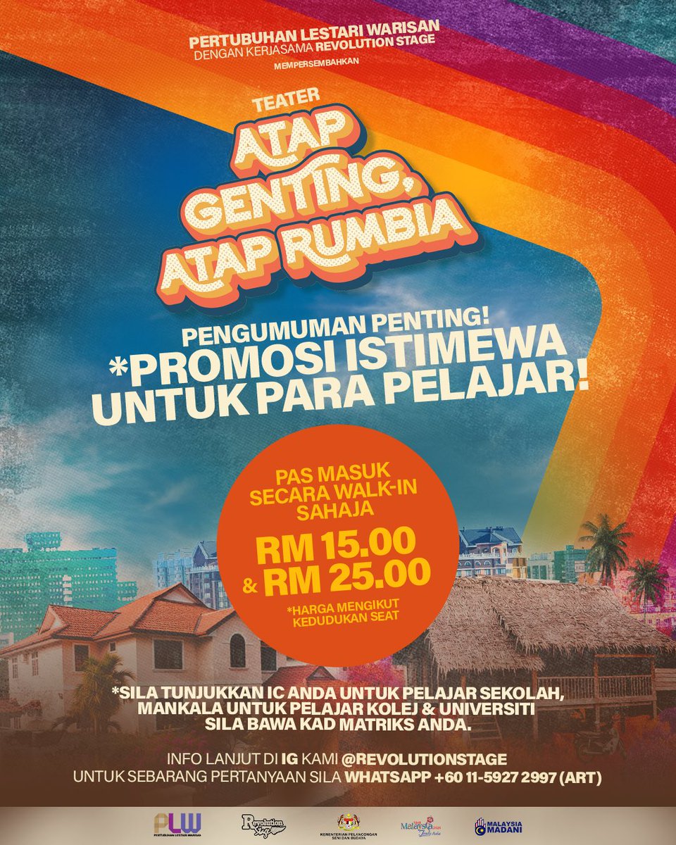 RevolutionStage's tweet image. Teater Harga Mesra Pelajar? 🎓 Ya! Istimewa untuk Para Pelajar yang berminat dengan pementasan teater! #AtapGentintAtapRumbia minggu ini!

Info dan pertanyaan: DM atau hubungi kami di 011-10832810 (Aishah) atau 0115-9272997 (ART)