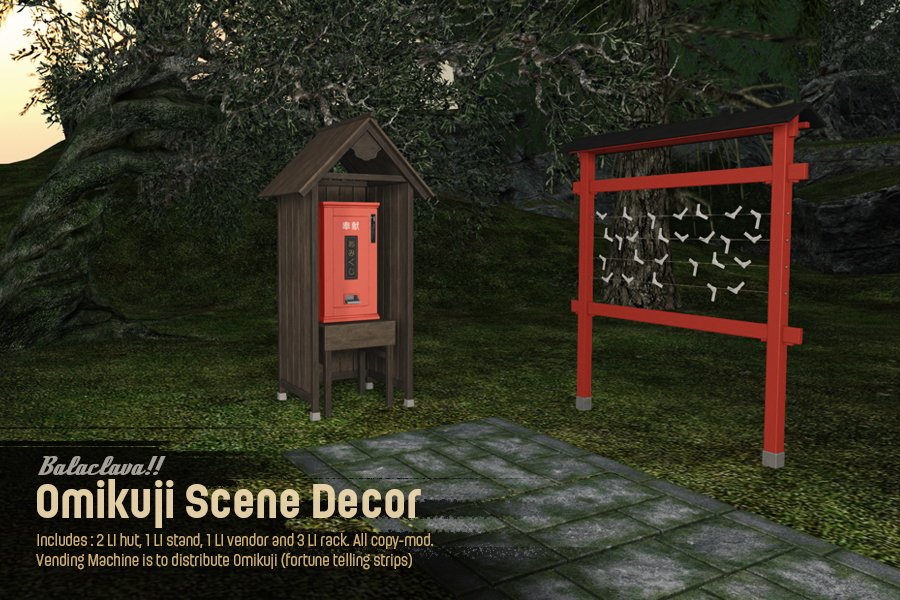 天晴におみくじ販売機を出してます
12種類のおみくじを(インベントリに残らない)一時装着アイテムとして配布する販売機＋装飾用の小屋と結び所をセットにしたもの
おみくじは表が日本語、裏返すと英語になってます
📌 maps.secondlife.com/secondlife/sko…