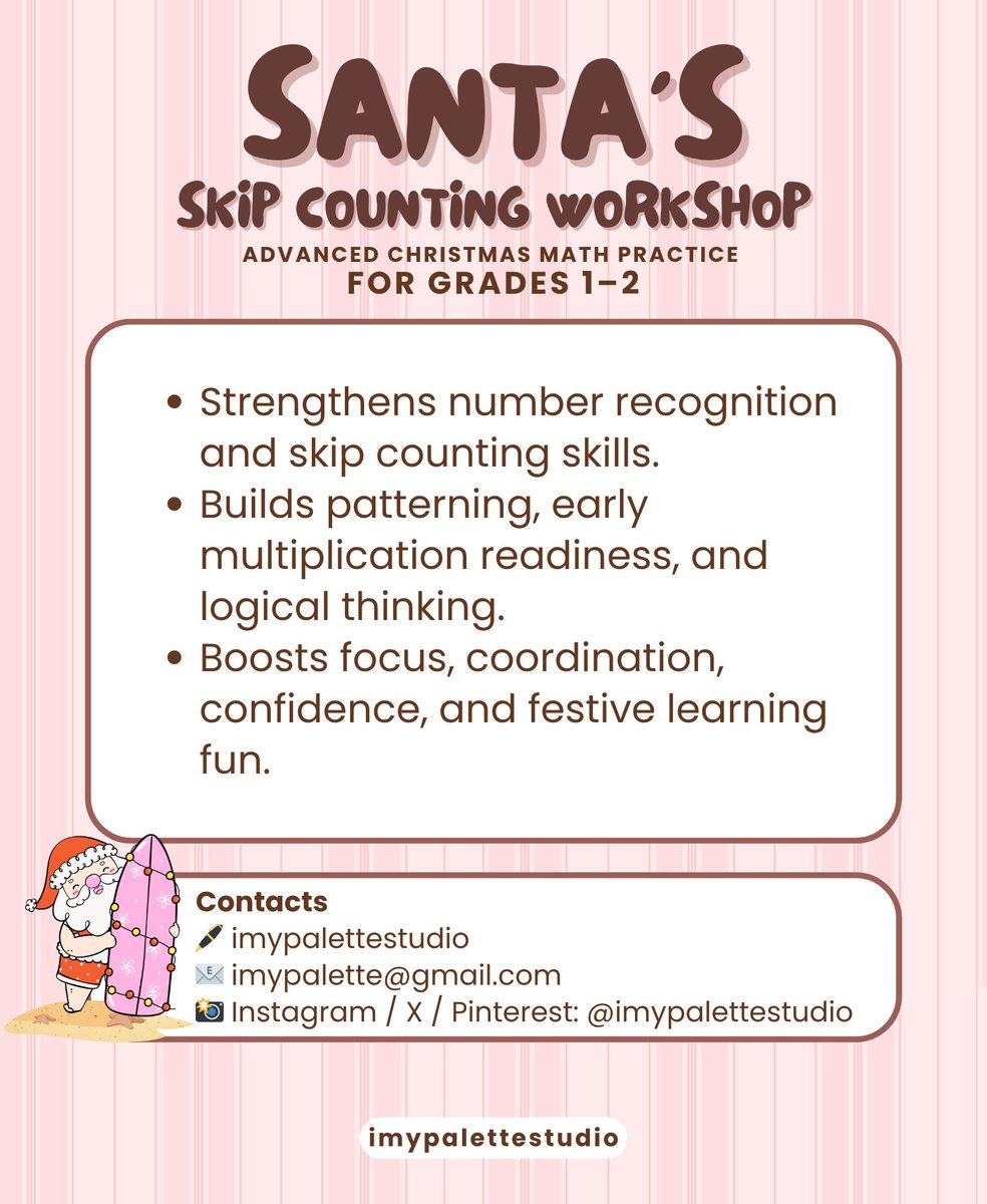 imypalettex's tweet photo. ✨ Engage Grades 1–2 learners with Santa’s Skip Counting Workshop! 18 pages of joyful holiday math! 🧮
GET IT NOW
🔗 https://t.co/dd8H4oJOgz
#Gumroad #TPT #imypalettestudio #ParentTips #ParentingMindset #HolidayFun #NumberPatterns https://t.co/clkvcrn4tC