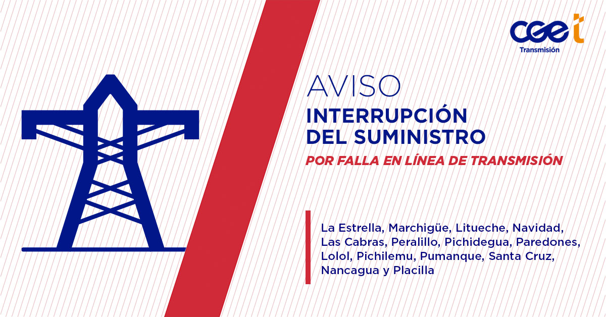CGE_Clientes's tweet image. Informamos a los clientes de las comunas de #LaEstrella, #Marchigüe, #Litueche, #Navidad, #LasCabras, #Peralillo, #Pichidegua, #Paredones, #Lolol, #Pichilemu, #Pumanque, #SantaCruz, #Nancagua y #Placilla; que la interrupción de suministro se debe a la desconexión de las líneas de…
