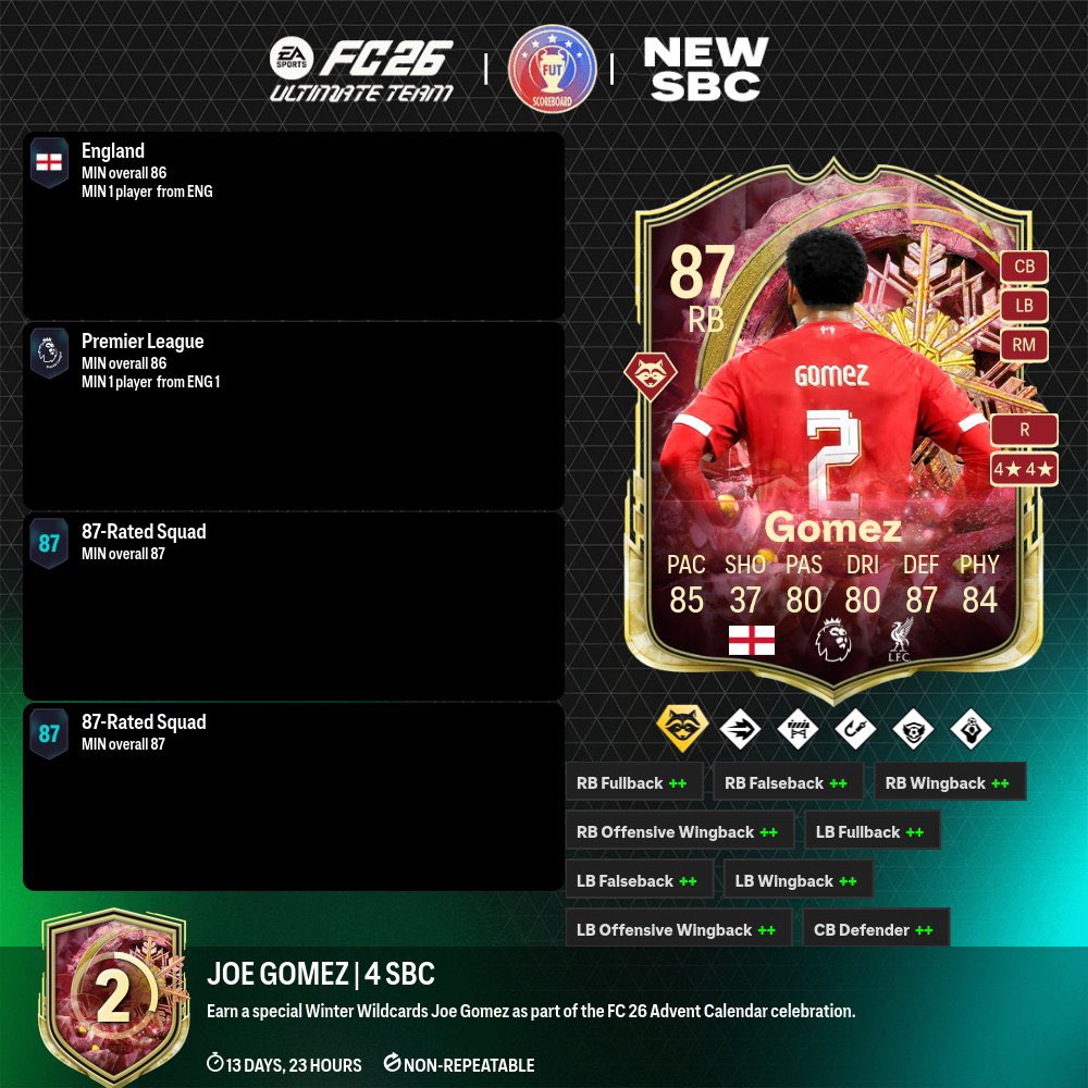 _splfut's tweet image. 🚨محتوى اليوم 🚨

- قوميز توفر في التحديات 🧩 

- ايمري كان توفر في التحديات 🧩 

- ترقية لاعبان +85 توفرت الان 🧩 

- توفرت ترقية اختيار 5 لاعبين +78 🧩 

- توفرت تطويرة تعطي بلاي ستايل+ العضل 🧬 

#EAFC26