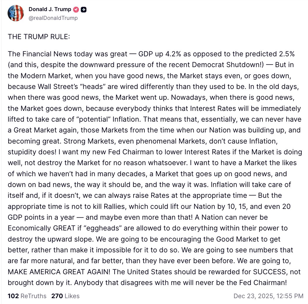 🔵MARKETEVANS: "Trump commenta il mercato azionario, il PIL e il futuro presidente della Federal Reserve"