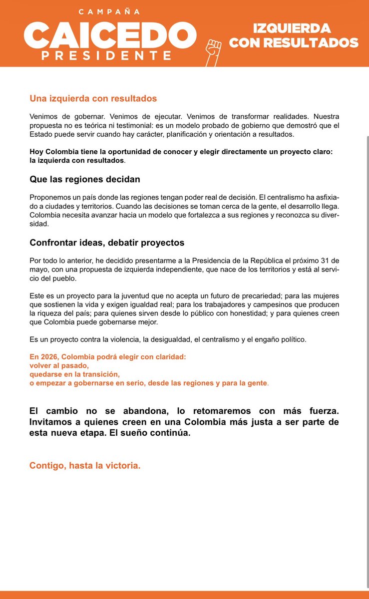 No voy a maquillar errores ni legitimar falsas unidades. La derecha ya fracasó y la transición se quedó a mitad de camino. Colombia no puede volver al pasado o quedarse a mitad del camino como estamos ahora. Es hora de una izquierda con resultados, desde las regiones. Contigo,