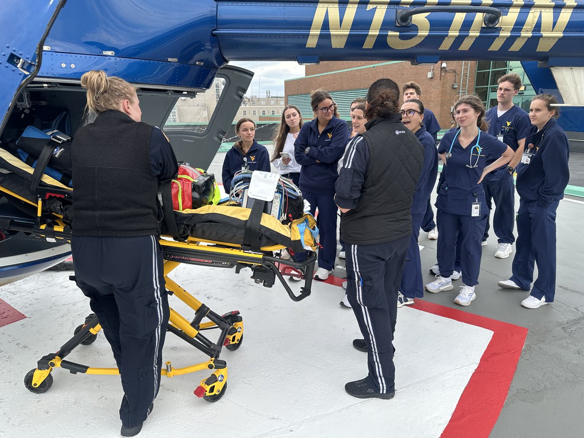 WVUSoN's tweet photo. Getting "Bird's Eye View" of Emergency Services 🚁

Lecturer Lauren Vogel, also one of our alumna, led a group of NSG 311 students through an Emergency Department tour, including an up-close look at the helipad used for emergency air medical transportation. https://t.co/PRYUoIchg9