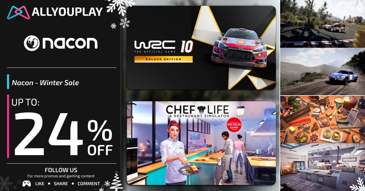 ALLYOUPLAY's tweet image. Winter isn’t for slowing down — it’s for mastery. ❄️🔥

🏁 WRC 10 FIA World Rally Championship – Deluxe Edition — 4.51€ / 4.75£ / 4.69$
🍳 Chef Life: A Restaurant Simulator — 29.99€ / 24.99£ / 29.99$

One minute you’re threading a rally car through ice-cold corners.
Next,…