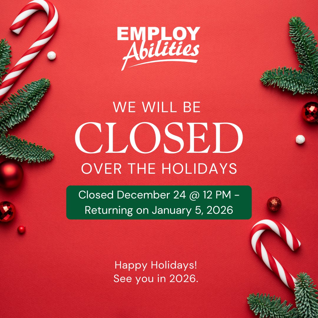 EmployAbilities's tweet image. We are taking a break! 🙂
EmployAbilities' offices and programs will be closed from 12 PM on December 24 (tomorrow) to January 4th, 2026. 

We'll resume regular office hours, 8:30 - 4:30 PM, on January 5th. 

Happy Holidays!