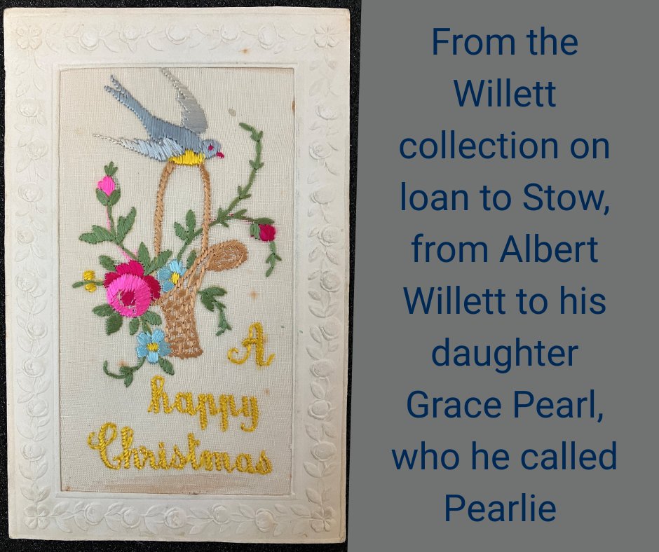 The second Christmas card from the Willett Collection, on loan to Stow, was written by Albert (Bert) Willett, an RFC Batman serving in France, to his daughter Grace Pearl (Pearlie). "Just think of me when you are playing Ring a Ring of Roses or Oranges and Lemons, there’s a dear"