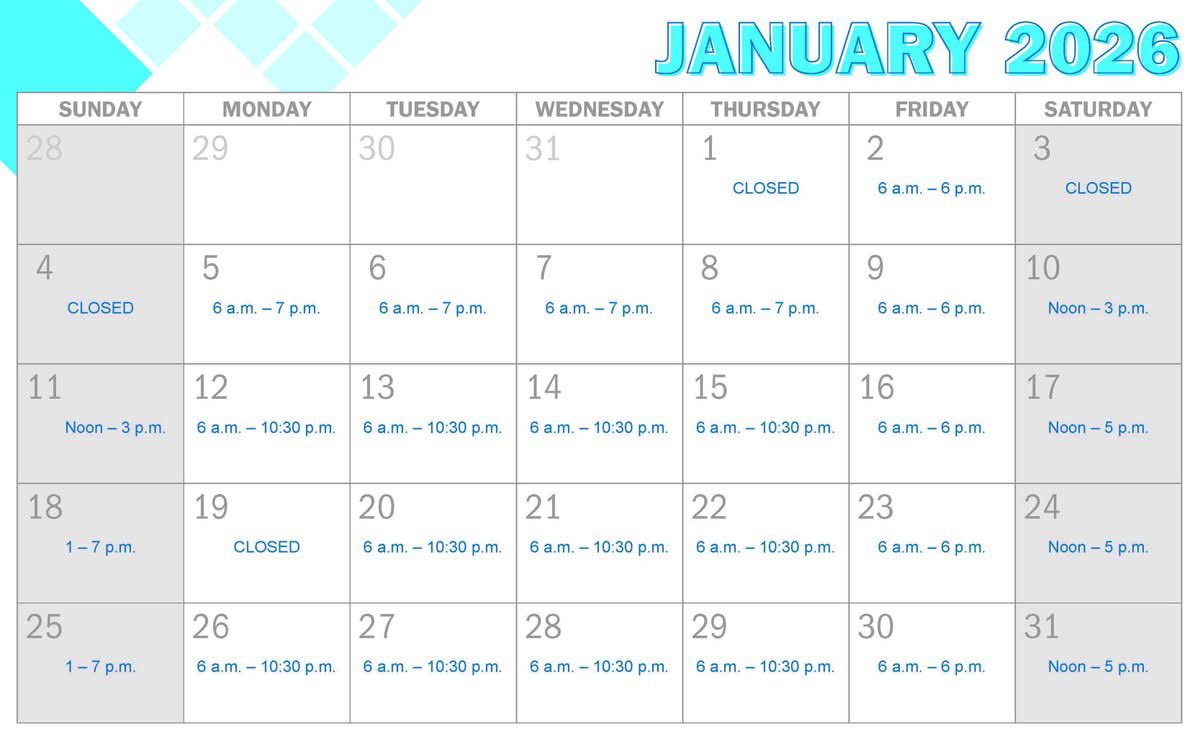 KCCREC's tweet image. The Rec will close tonight at 6pm and open back up on January 2nd at 6am