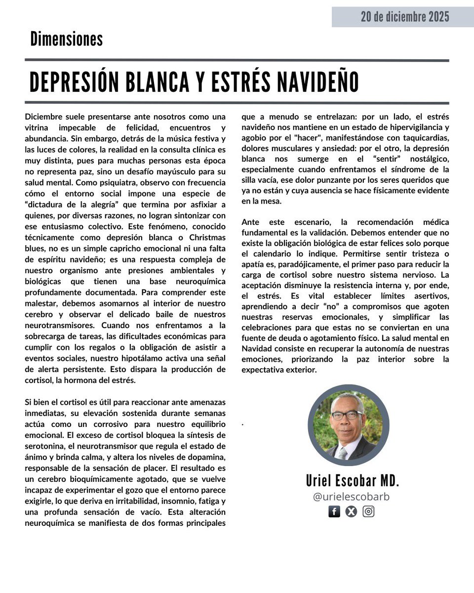 #DIMENSIONES. La salud mental en Navidad consiste en recuperar la autonomía de nuestras emociones, priorizando la paz interior sobre la expectativa exterior. elopinadero.com.co/depresion-blan…