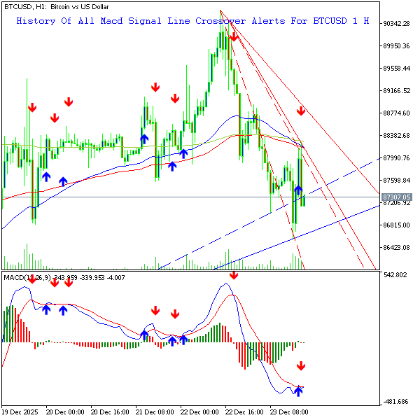 technical_alrts's tweet photo. Bitcoin - 1 Hour Chart:
Macd Cross Up Alert at Close Price of 87313.9
Chart 2 Shows All previous Alerts.
Not an advice to buy or sell.

#cryptocurrency  #bitcoin  #macd   #macd_crossup https://t.co/ajocevCYkP