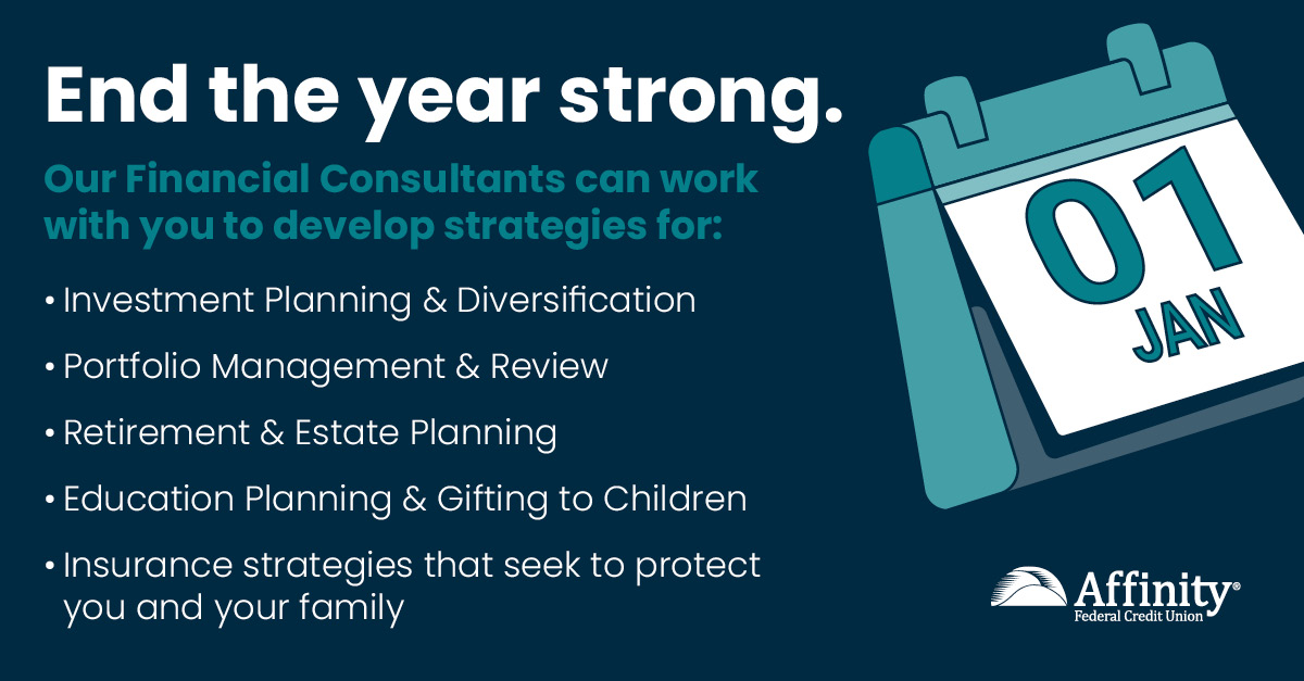 AffinityFCU's tweet image. A quick year-end money check can set you up for a stronger 2026. Review spending, update goals, and plan ahead. 

👉 Schedule a free consult to speak with one of our experts about your financial plan: bit.ly/4qfb63I 

#AffinityFCU #FinancialWellness #EndOfYearPlanning