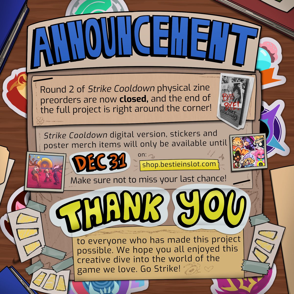 StrikeCooldown's tweet image. ⚠️ Round 2 of Strike Cooldown Physical Zine preorders are now CLOSED.

The Digital Edition, stickers, and poster are still available through December 31st. Don't miss out on the project before it wraps!

shop.bestieinslot.com/pages/strikecd
