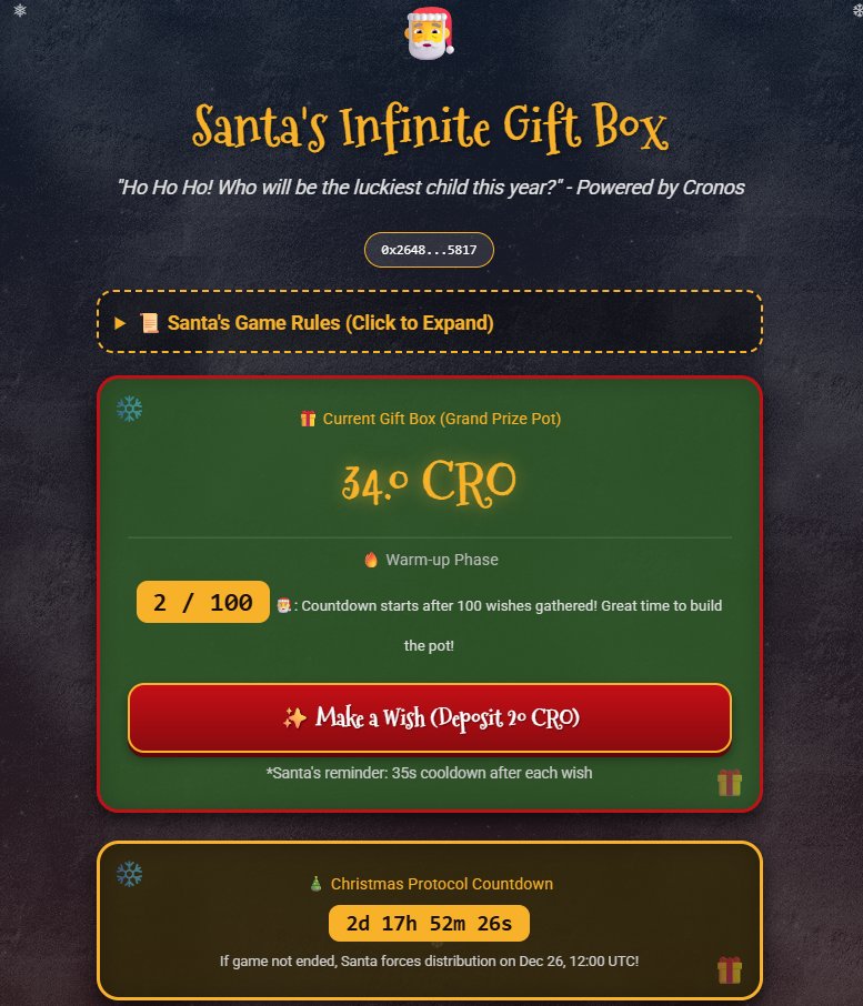 🎄 Merry Christmas #CronosFam!

We just launched a fun on-chain game: Santa's Infinite Gift Box. Put in 20 $CRO, make a wish, and try to win the pot! Even if you don't win the grand prize, you earn $CRO dividends from every new participant. 💰

Let's see how big the pot grows! 🚀