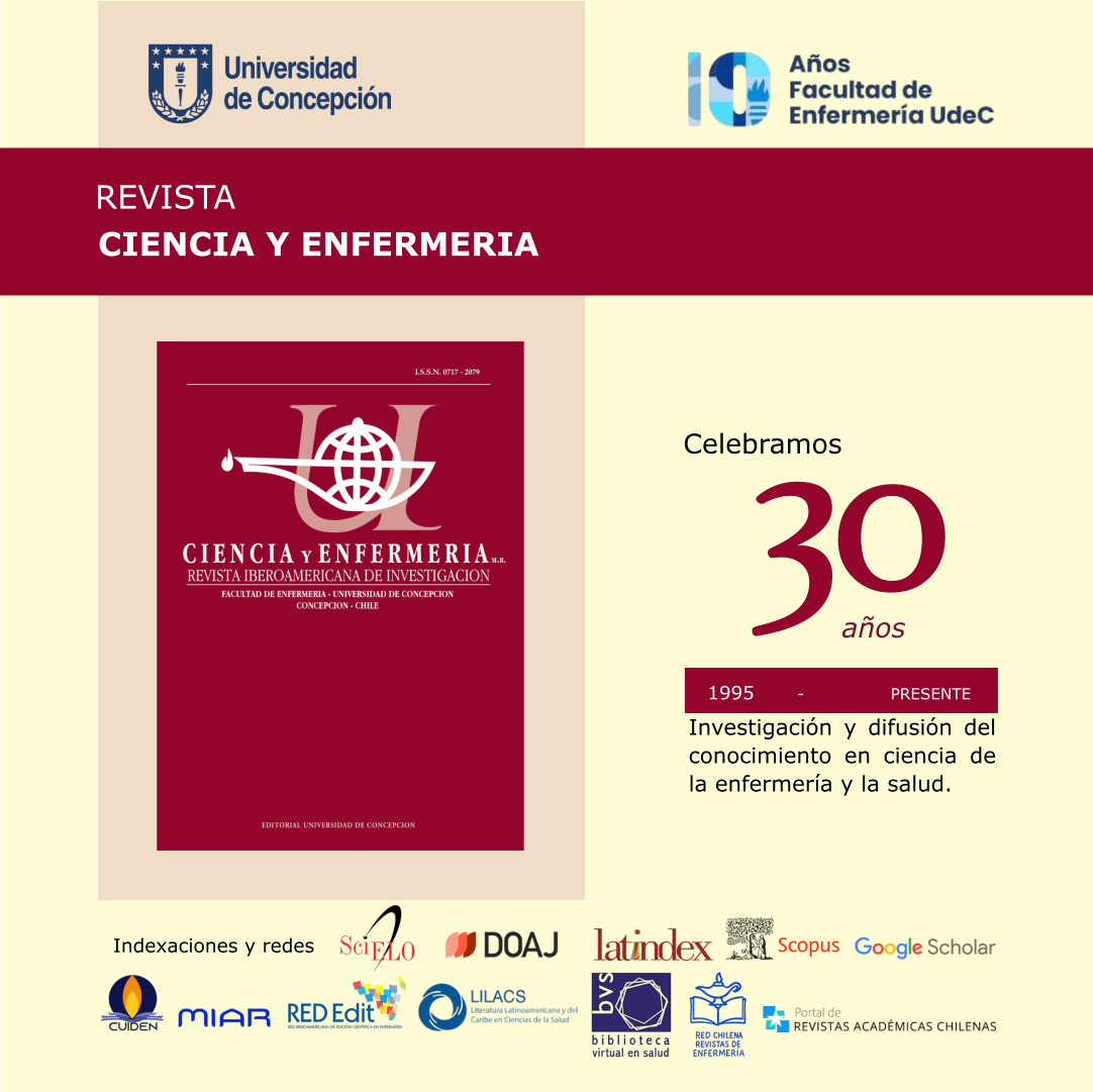 ✨ Estimada comunidad ✨

En nuestro 30º aniversario 🎉 agradecemos profundamente a autores, revisores y lectores 📚 por su compromiso, clave en la calidad académica de la revista durante estas tres décadas.

Con reconocimiento, 🤍
Equipo Editorial
CIENCIA Y ENFERMERÍA
