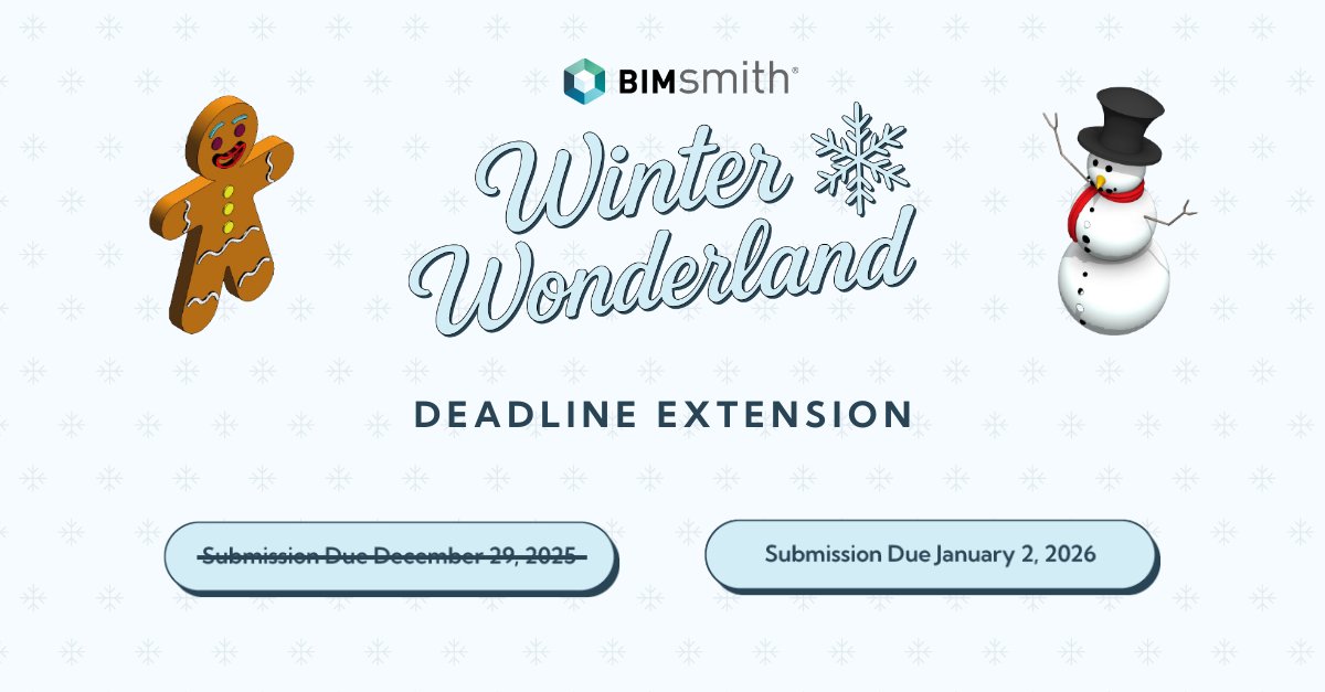thebimsmith's tweet photo. Need more time to perfect your entry?

You have it! The BIMsmith Winter Wonderland deadline is extended to Jan 2, 2026.

Finish your holiday-themed Revit family and enter to win a share of $1,000 in prizes!

👉 https://t.co/1N9xZmbCUM

#BIMsmithWinterWonderland2025 #BIMsmith https://t.co/ZXBE36Cl5U