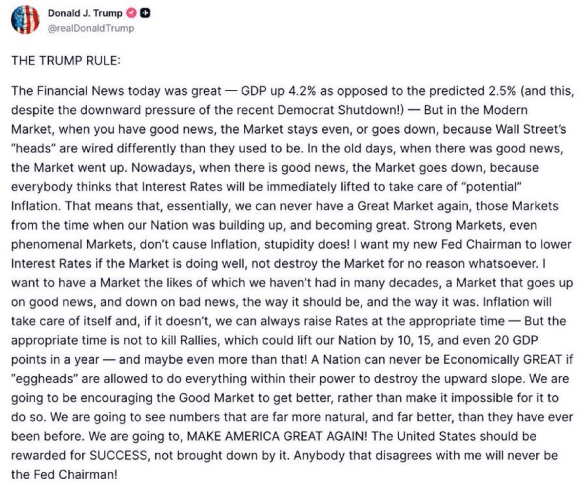 TheInsiderPaper's tweet image. JUST IN - TRUMP: "Anybody that disagrees with me will never be the Fed Chairman!"