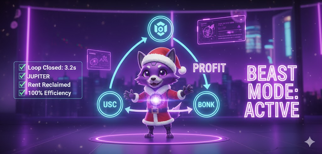 quant_defi_sol's tweet photo. Speed kills the competition. 🦊⏱️

Arbi just closed a surgical loop in 3.2s: 1️⃣ SOL ➡️ USDC ➡️ BONK 2️⃣ BONK ➡️ SOL

No 'holding,' just mathematical extraction.

The edge? ArbitraX reclaimed rent instantly. No wasted capital, just pure efficiency. 👑

#ArbitraX #Solana #Xmas2025 https://t.co/XwCQRB2cpT