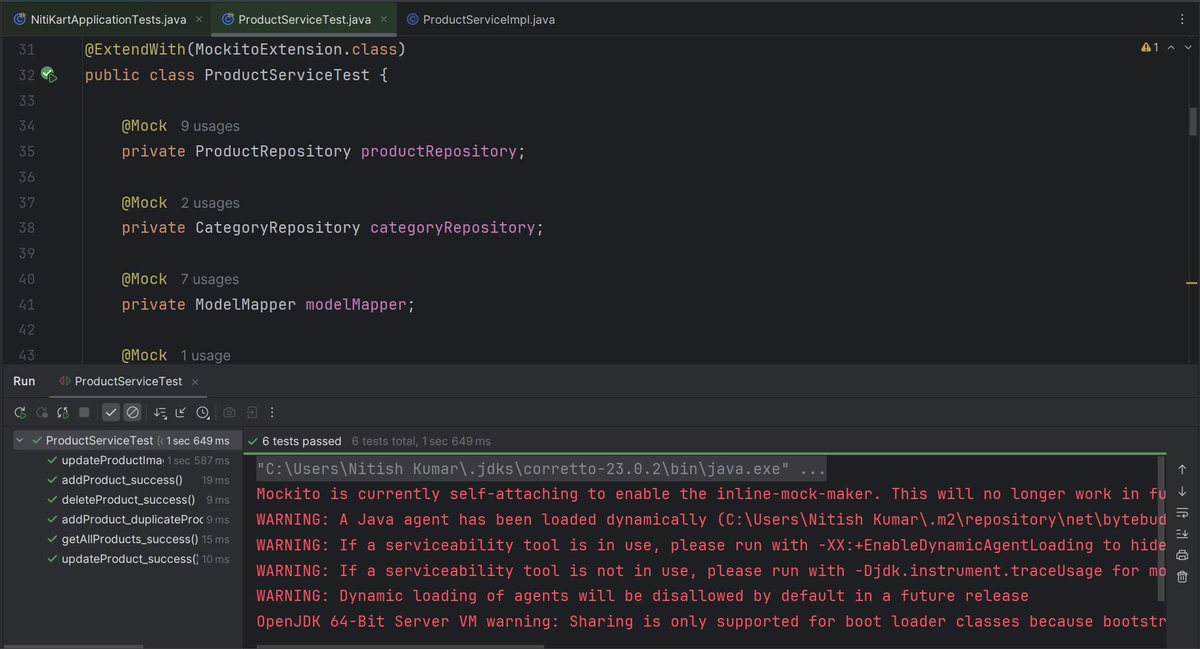 nitish_da's tweet image. Completed ProductService unit testing using JUnit 5 &amp;amp; Mockito ✅
All service methods tested.
Next: Spring Security (JWT) 🔐
#Java #SpringBoot #JUnit5 #Mockito #SpringSecurity #BackendDev #NitiKart