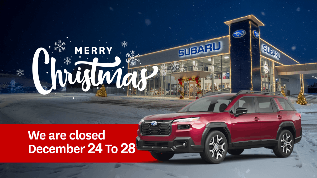 Fox_Subaru's tweet photo. From our Fox Subaru Fredericton family to yours, Merry Christmas! 🎄 We're closed Dec 24-28 and at 4 pm on Dec 31, reopening Jan 2, 2026. Wishing you joy and relaxation this season! ✨ 

#HappyHolidays #FoxSubaruFredericton #MerryChristmas https://t.co/KntWOEwizg