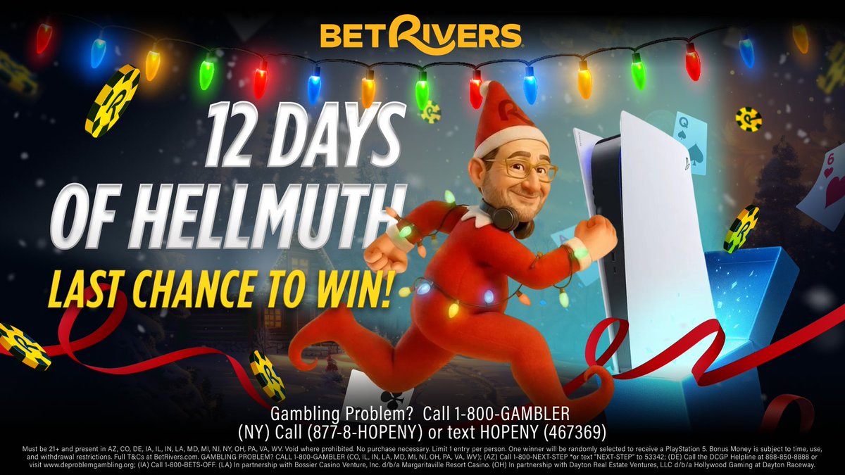 BetRivers's tweet image. 🚨 PLAYSTATION 5 GIVEAWAY 🚨

Don't miss your final chance to win a PS5 from @phil_hellmuth 🎁

To enter:

1️⃣ Follow @BetRivers 
2️⃣ Repost this post
3️⃣ Tag a friend

12 winners will be selected at the end of the month! 

Rules ➡️ linktr.ee/BetRivers.com