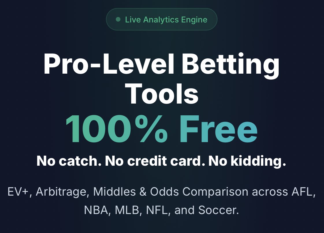 Pro-level betting tools. 100% free to use. No catch. 🤝

EV+, Arbitrage, Middles &amp; odds comparison across AFL, NBA, MLB, NFL &amp; Soccer.

Built for bettors who care about edges.🎯
