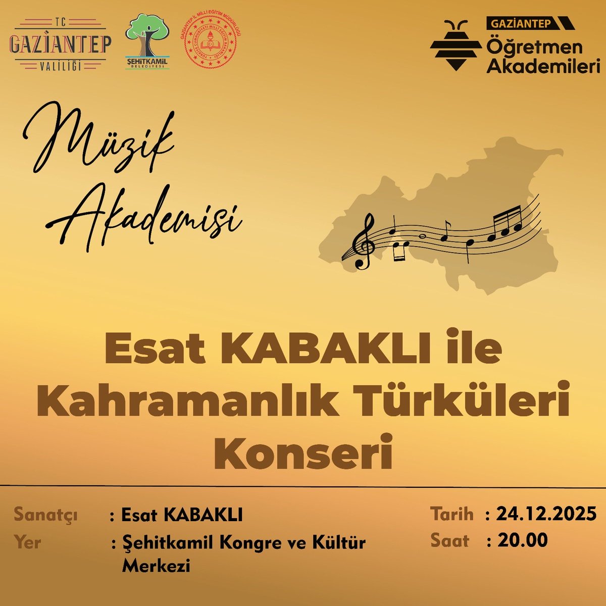 Gaziantep Öğretmen Akademileri kapsamında yürütülen faaliyetler çerçevesinde Esat Kabaklı’nın kahramanlık türküleriyle Anadolu’nun tarihî ve kültürel mirasını yansıttığı programa öğretmenlerimizle katılım sağlıyoruz, yarın Şehitkâmil Kültür ve Kongre Merkezinde buluşuyoruz.💐