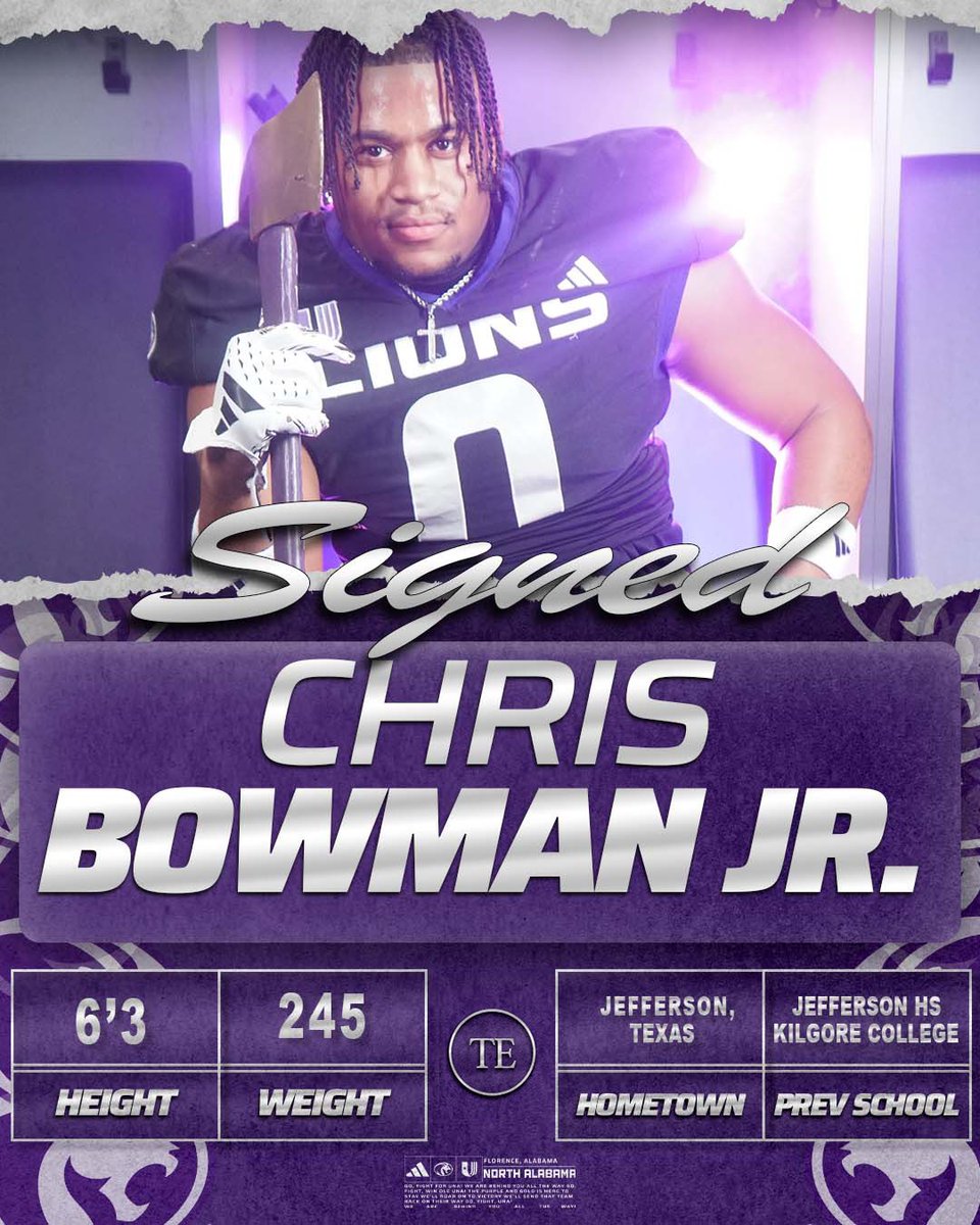 UNAFootball's tweet image. CJ Bowman is in #ThePrideof26 ✍️ 

🏈 TE
📍 Jefferson, Texas
🏫 Jefferson HS
✌️ SFA / Kilgore College

#NSD26 | #RoarLions 🦁