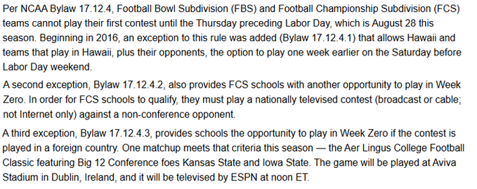 AaronMuscarella's tweet photo. @ghelman17 @CadenMKing @RyanKartje They can play any opponent internationally in week zero.  In order to play on the mainland US they have to play Hawaii OR one of Hawaii's opponents. Hawaii at Stanford week zero already so those two are out. https://t.co/ChbXp1SRl7