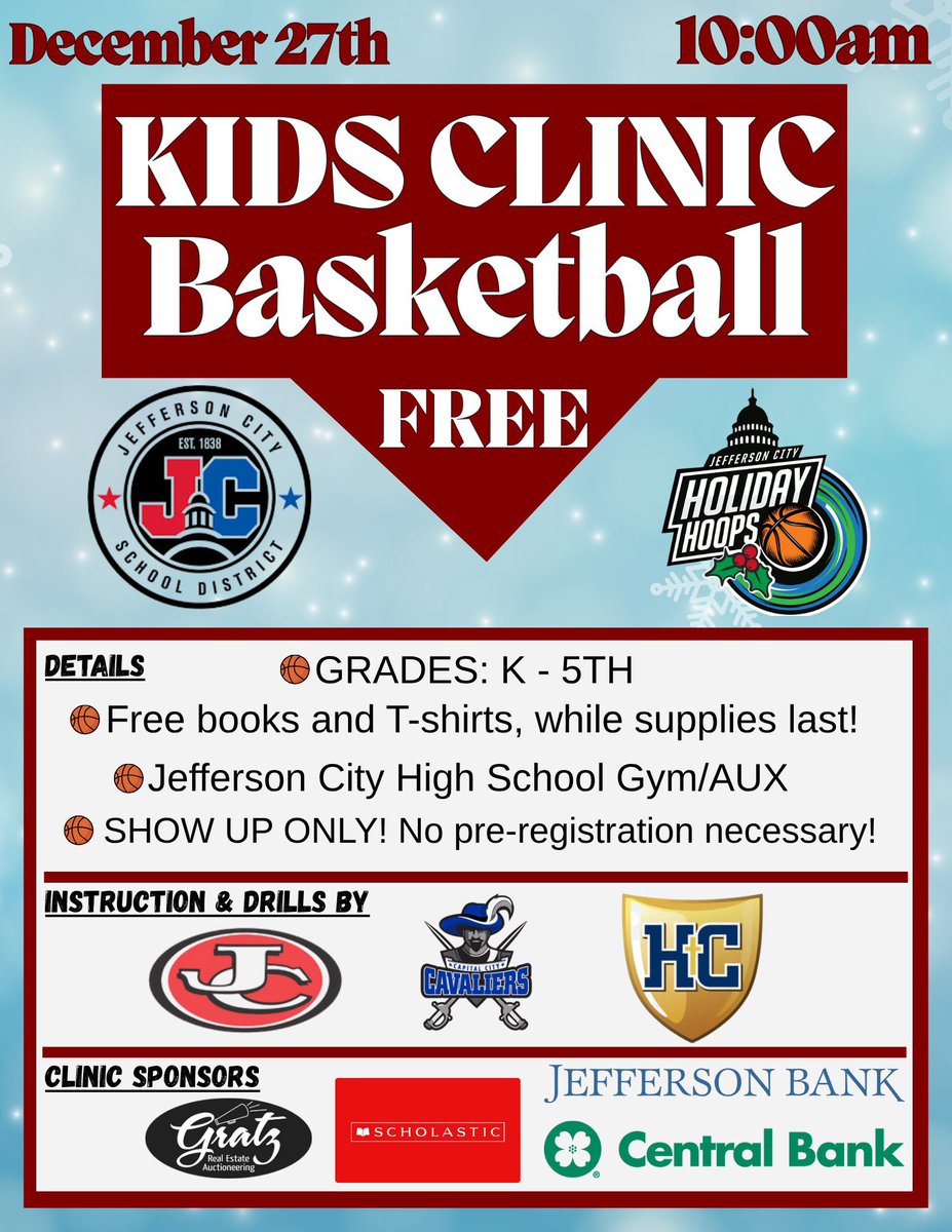 🎄🏀Join us on Saturday, 12/27, for the annual Kids Clinic at JCHS.

This FREE event is open to all boys &amp; girls grades K-5.