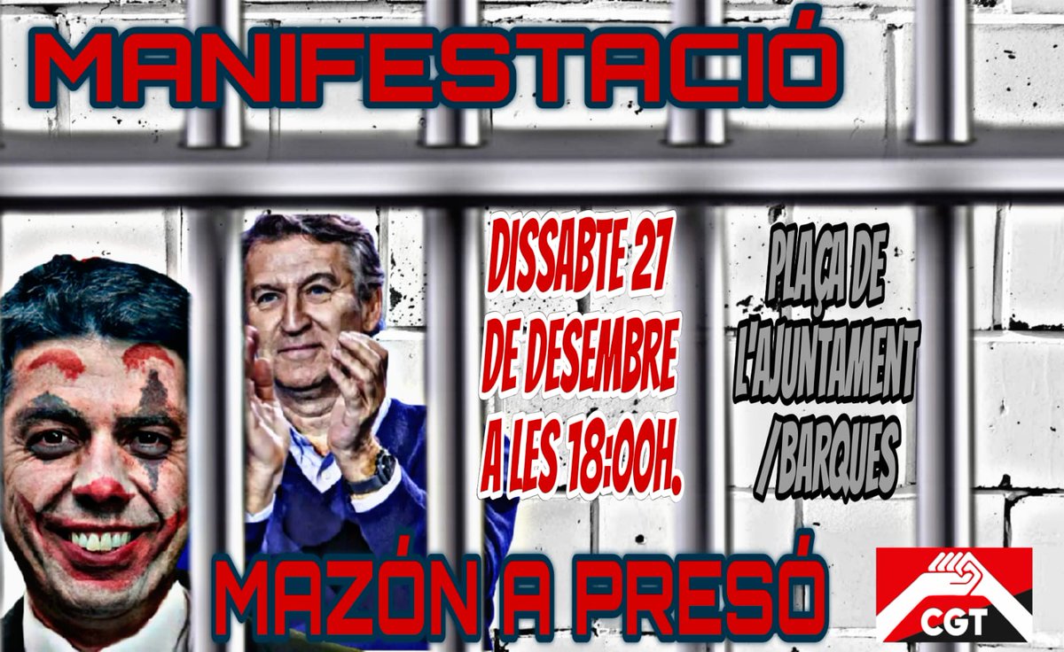 CGTEMT's tweet photo. El día 27 de diciembre volvemos a salir a las calles para acompañar  a las personas afectadas, y a las familias de las victimas de la DANA.  El día 27  tenemos que  seguir señalando a los culpables. *MAZÓN A PRISIÓN!!!* https://t.co/Pa7qmNIbNU