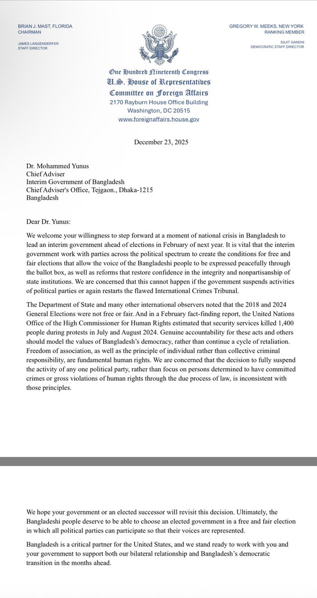 MattooShashank's tweet image. BREAKING: US lawmakers write to Muhammad Yunus expressing concern over banning Sheikh Hasina’s Awami League