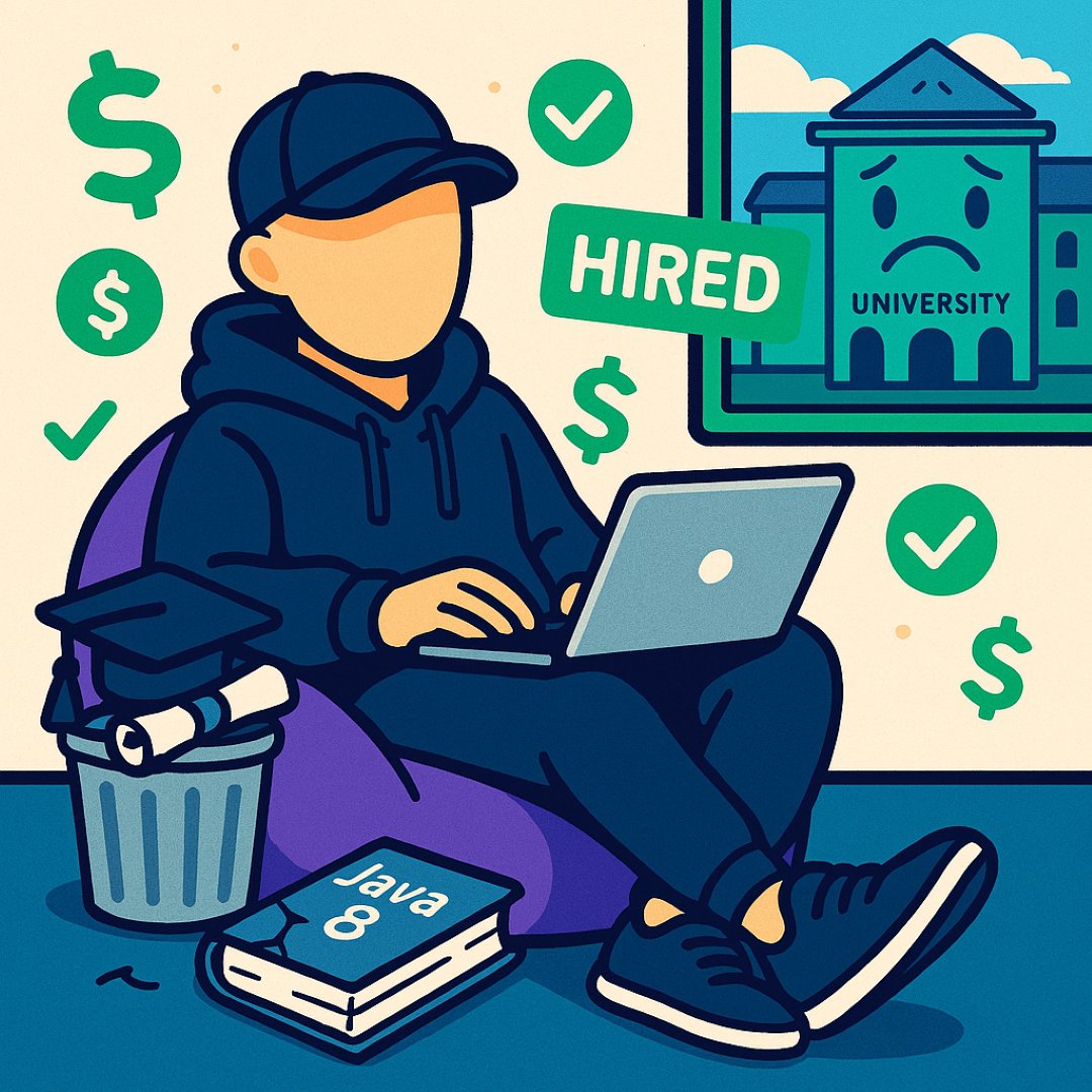 itsmzift's tweet image. If a CS degree:

- Takes 4 years
- Costs $100k
- Teaches outdated stuff

How people cheat now:

YouTube. Projects. 50 rejections.
$90k remote job in 8 months.

Professors still on Java 8.

CS grads crying rn.

#LearnToCode #TechHumor #BuildInPublic #IndieDev