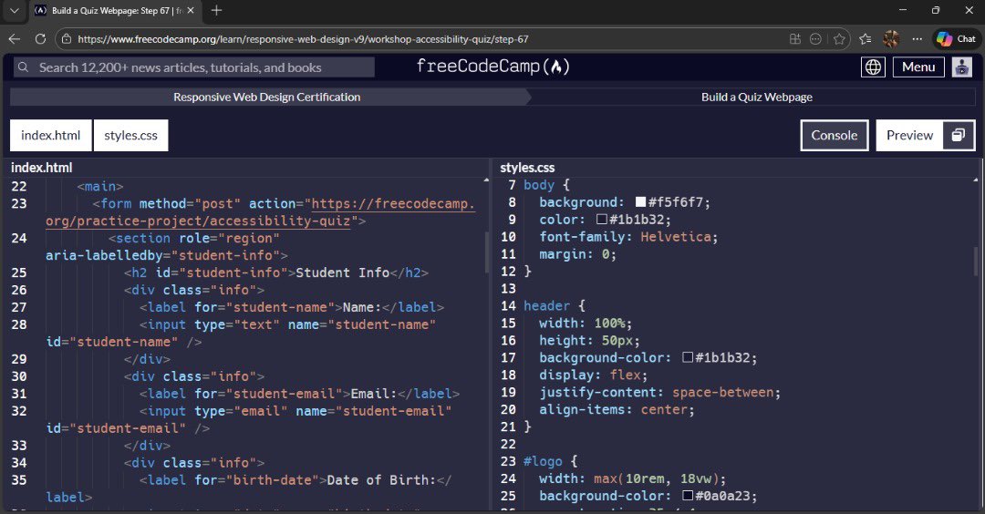 The_Damilola123's tweet image. 23|12|2025

I finished my quiz web page project on @freeCodeCamp. 

This project stretched my mind beyond the normal project I have done in the past. 

#buildinginpublic #FullStackDeveloper #CSS #freecodecamp