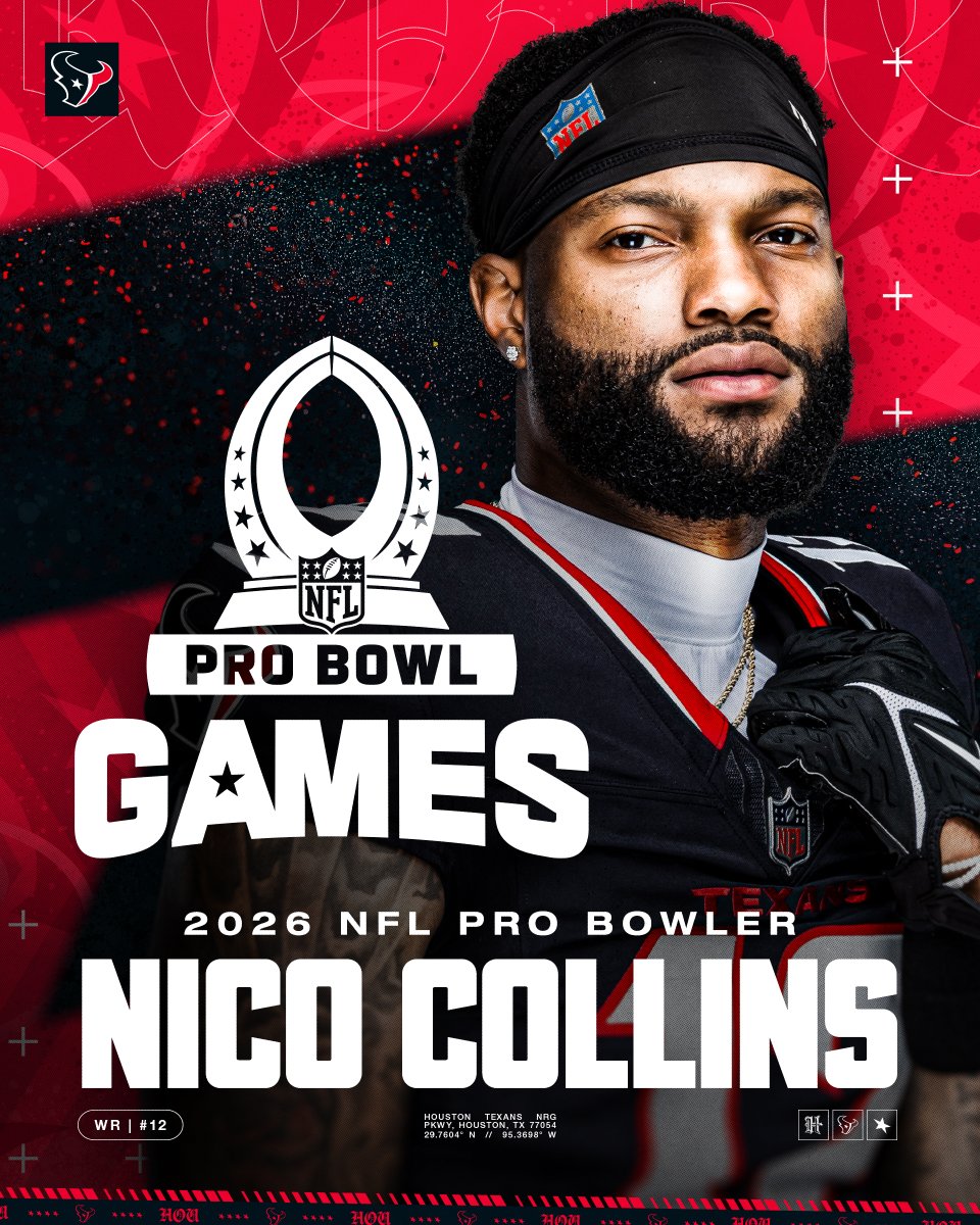 Nachoravagnan1's tweet image. Nico Collins has been selected for the Pro Bowl Games. 

The #Texans wide receiver has been crucial for the offensive scheme of #BattleRed.

#NFL #ProBowlGames
