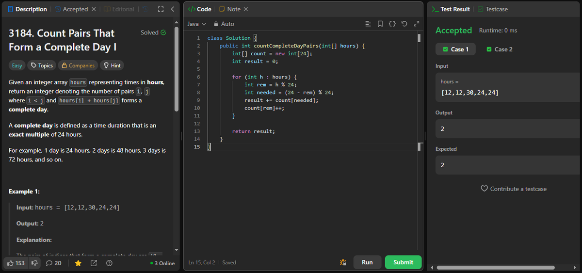 coder_s_Snippet's tweet image. #DailyCodingChallenge
Day 278
Task: Count index pairs whose hour sum forms a complete day (multiple of 24).
Solution: Use modulo 24. For each hour, count how many previous hours have a complementary remainder that completes 24.
#LeetCode
