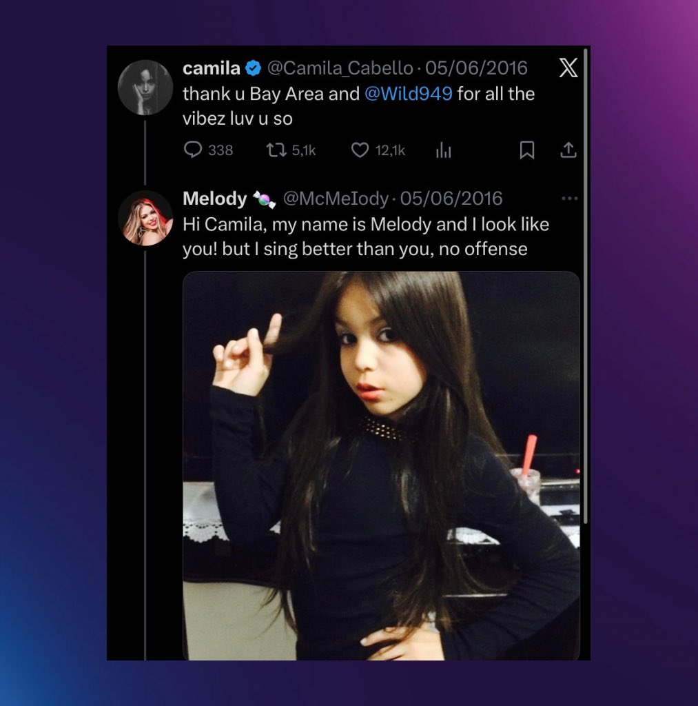poponze's tweet image. Tweets antigos de Melody respondendo famosos em 2016 voltam a viralizar:

“Oi Camila Cabello, meu nome é Melody e eu me pareço com você…Mas eu canto melhor que você, sem ofensas”.