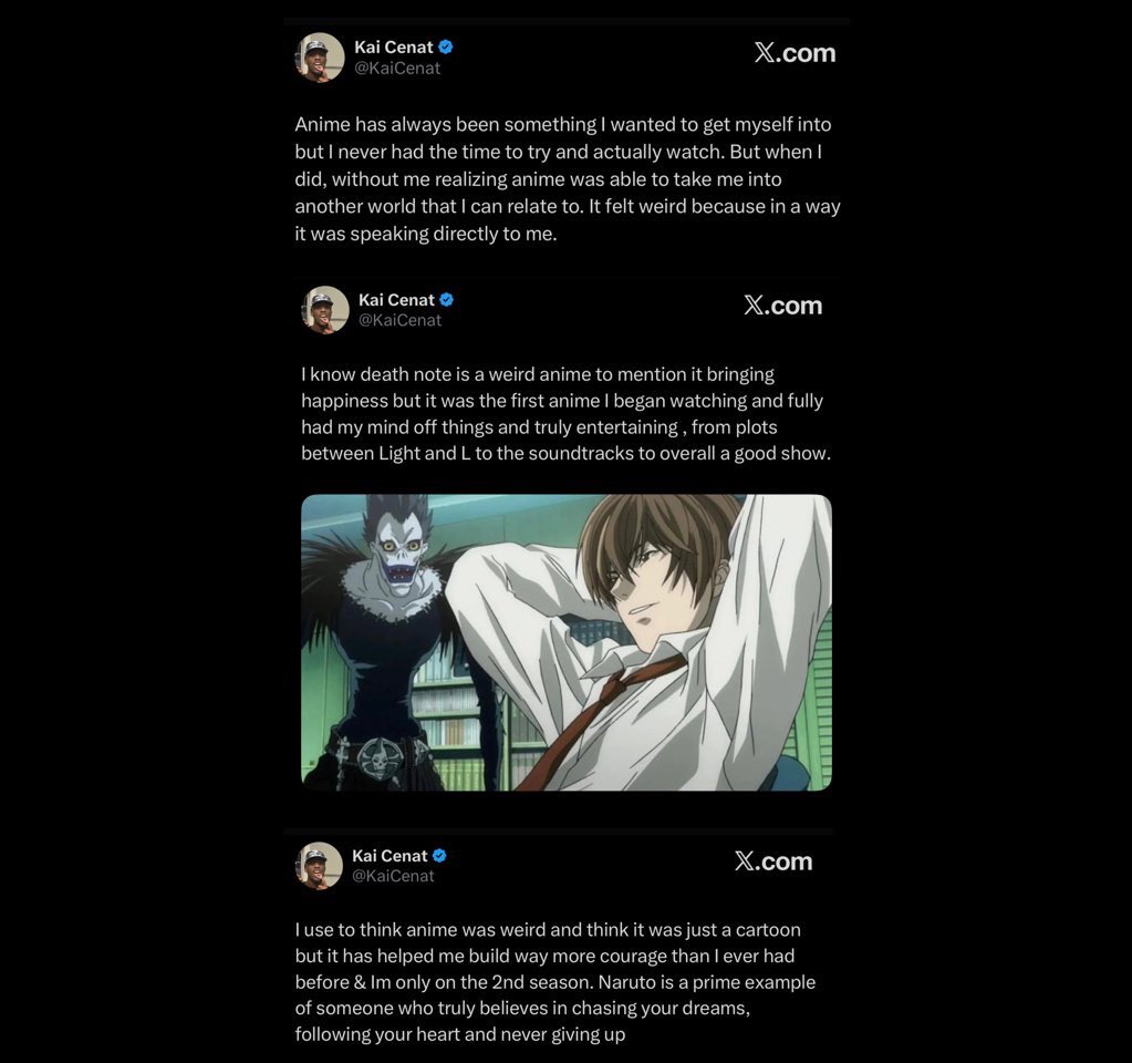 FearedBuck's tweet image. Kai Cenat speaks on how he relates to anime, how Death Note brought him happiness, and how Naruto exemplifies chasing one’s dreams, following one’s heart, and never giving up 

“Anime has always been something I wanted to get myself into but I never had the time to try and…