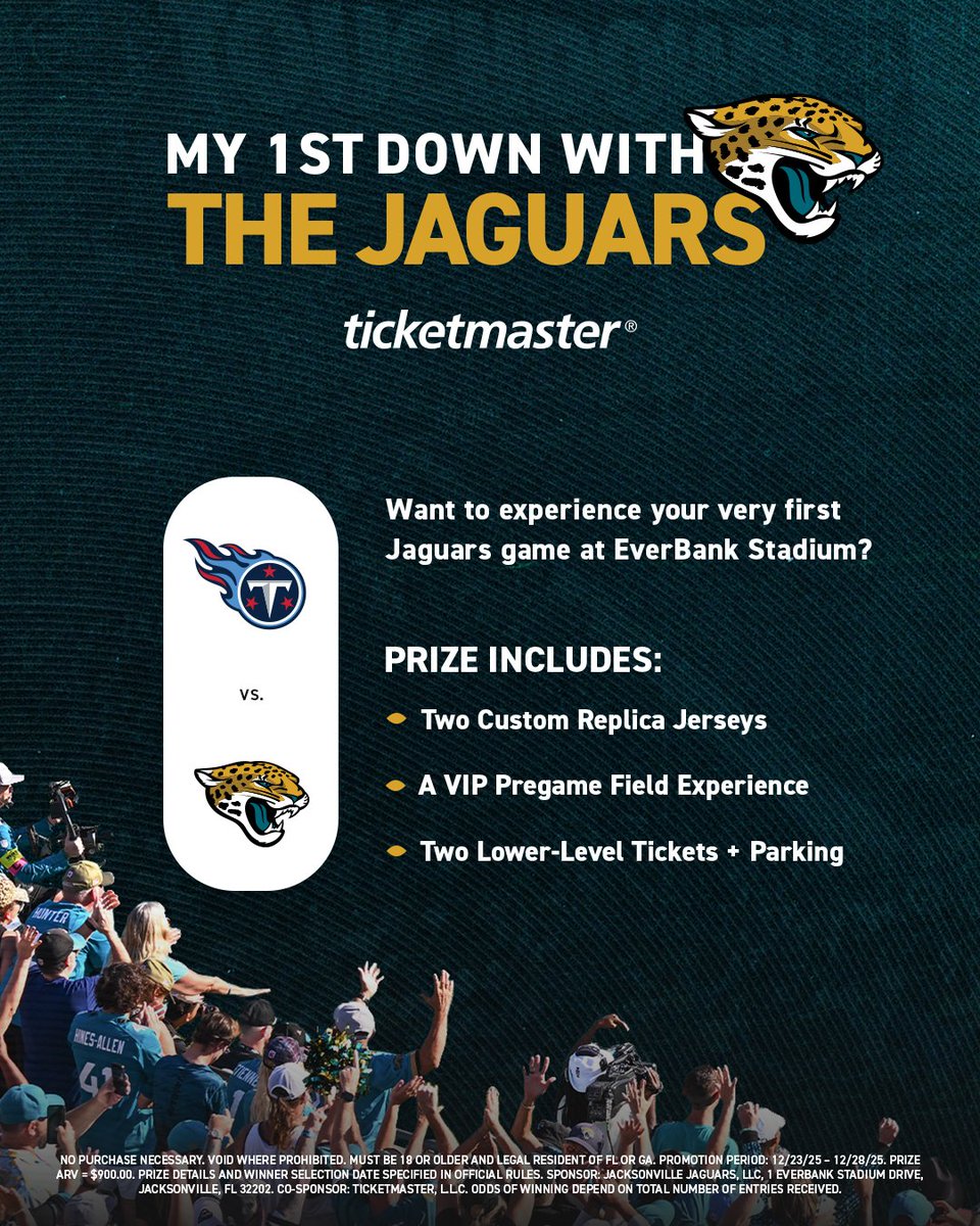 Jaguars's tweet photo. First time?

Tell us about your fandom to win an unforgettable #TENvsJAX gameday: https://t.co/b3mIOUbX35

@ticketmaster | #DUUUVAL https://t.co/PkYByvy3D8