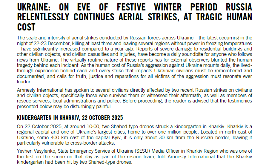 amnestyusa's tweet image. The scale and intensity of aerial strikes conducted by Russian forces across Ukraine – the latest occurring in the night of December 22-23  – have significantly increased compared to a year ago.

As the human cost of Russia’s aggression against Ukraine mounts daily, the lived…