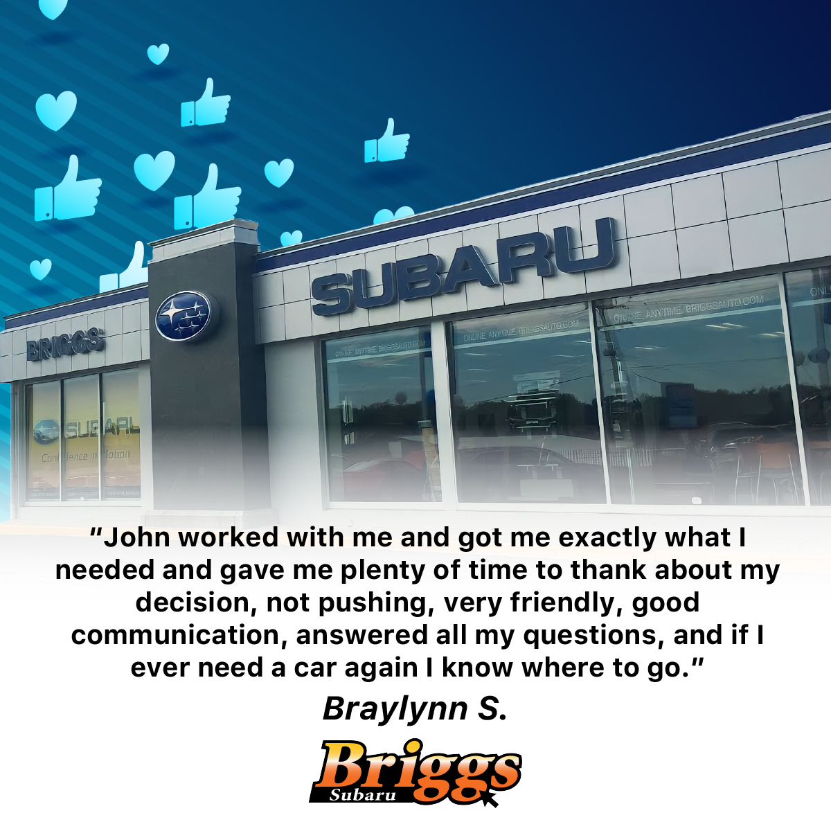 BriggsAutoKS's tweet photo. Thank you, Braylynn, for trusting Briggs Subaru of Topeka. Your feedback keeps us motivated to provide the best service and Subaru experience possible!

Shop Now: https://t.co/7QSkVBFFqz
#TestimonialTuesday #BriggsSubaru #HappyCustomers #CustomerLove #SubaruLife https://t.co/XyRi47sstA