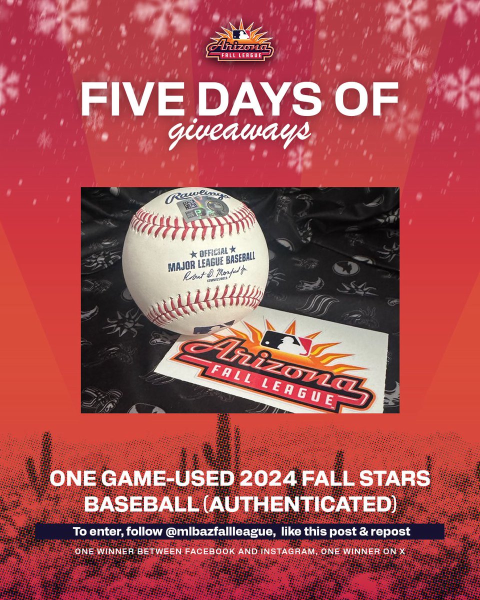 MLBazFallLeague's tweet image. For day five of our five days of giveaways, we’re giving away an authenticated 2024 Arizona Fall League Fall Stars baseball.

To enter, follow us, like this post and tag a friend. The winner will be selected on Christmas Eve (Dec. 24th)
