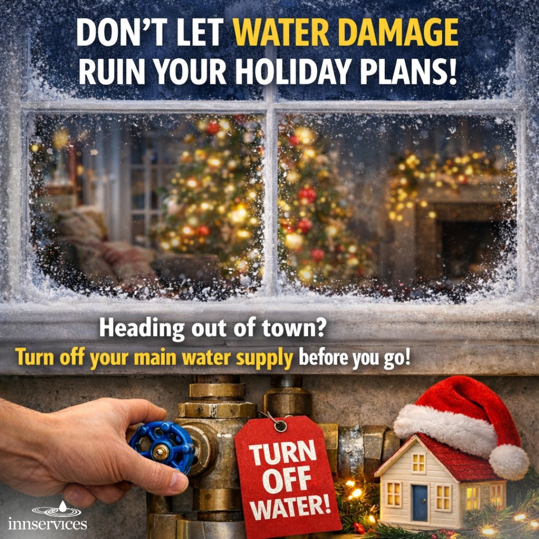 Heading out of town this season? Turn off your home’s main water supply before you go.
A small step that can help prevent big messes while you’re away.
Enjoy the holidays with a little extra peace of mind.